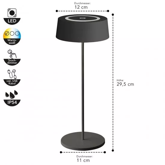 ECO-LIGHT LED Akku Tischleuchte Cocktail Dimmbar 2,2W 200lm 3000K IP54 mattes schwarz