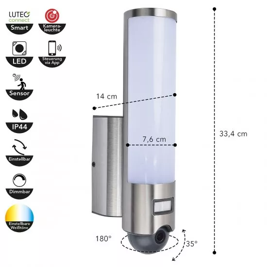 LUTEC LED Aussenwandleuchte Elara mit Bewegungsmelder & Kamera SmartHome 17,5W 1300lm 2700K - 6500K IP44 Edelstahl