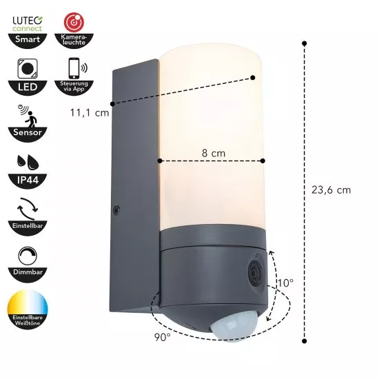 LUTEC LED Aussenwandleuchte Pollux Kamera SmartHome 18,8W 1200lm 2700K - 6500K IP44 Anthrazit