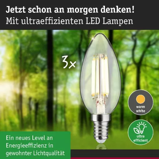 Paulmann 29199 Eco-Line Filament 230V LED Kerze E14 3er-Pack 98mm 525lm 2,5W 3000K Klar