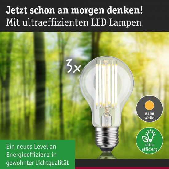 Paulmann 29220 Eco-Line Filament 230V LED Birne E27 3er-Pack 1055lm 5W 3000K Klar