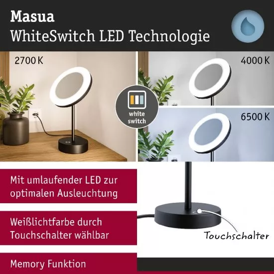 Paulmann 71151 LED Kosmetikspiegel Masua IP44 White Switch 55lm 230V 4W Schwarz matt