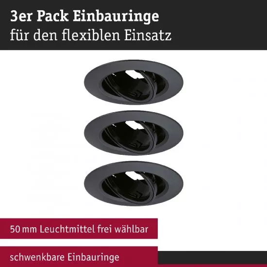 Paulmann 92111 Einbauleuchte 3er-Pack schwenkbar rund 90mm 30° GU10 IP23 230V dimmbar Schwarz