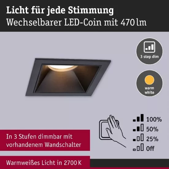 Paulmann 93125 LED Einbauleuchte 3-Step-Dim Cole Coin Basisset IP44 eckig 88x88mm 3x6W 3x470lm 230V dimmbar 2700K Schwarz