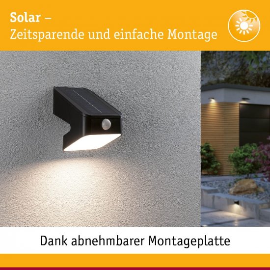 Paulmann 94608 Solar LED Wandfluter Lesly Bewegungsmelder IP65 eckig 113x126mm 3000K 5,5W 400lm Anthrazit