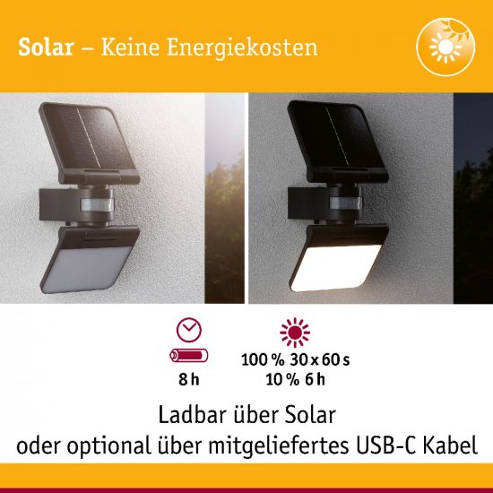 Paulmann 94609 Solar LED Wandfluter Lesly Bewegungsmelder IP65 eckig 150x130mm 3000K 12,5W 1000lm Anthrazit