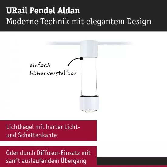 Paulmann 94903 URail LED Pendel Aldan 850lm/460lm 8,5W 3000K dimmbar 230V Signalweiß