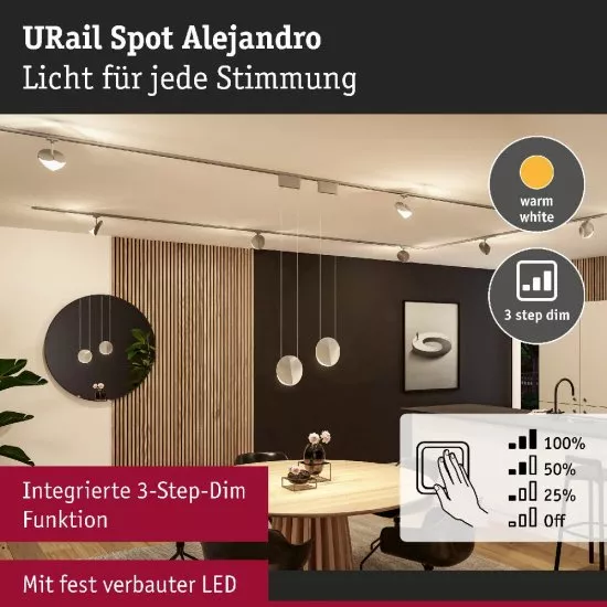 Paulmann 94959 URail LED Schienenspot 3-Step-Dim Alejandro 800lm 10W 3000K dimmbar 230V Chrom matt