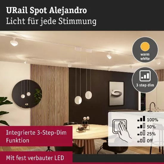 Paulmann 94960 URail LED Schienenspot 3-Step-Dim Alejandro 800lm 10W 3000K dimmbar 230V Signalweiß