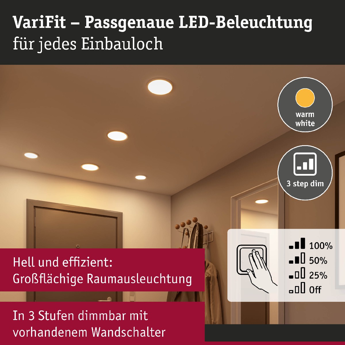 Paulmann 93049 LED Einbaupanel 3-Stufen-dimmbar VariFit IP44 Areo