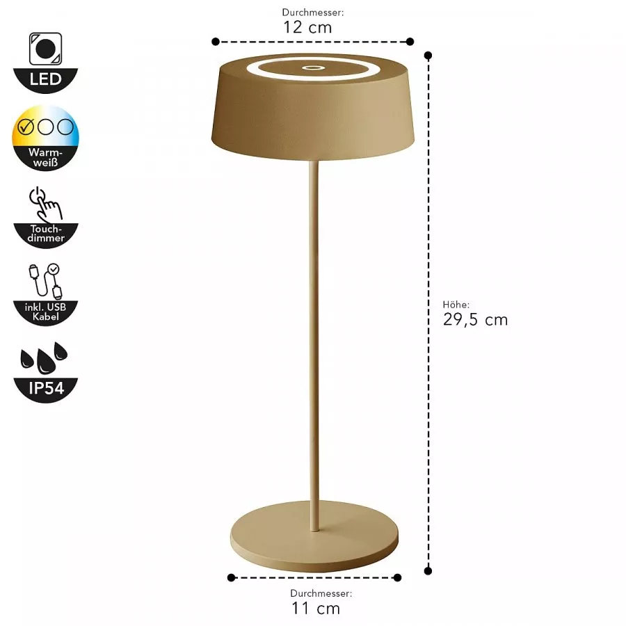 ECO-LIGHT LED Akku Tischleuchte Cocktail Dimmbar 2,2W 200lm 3000K IP54 mattes Gold