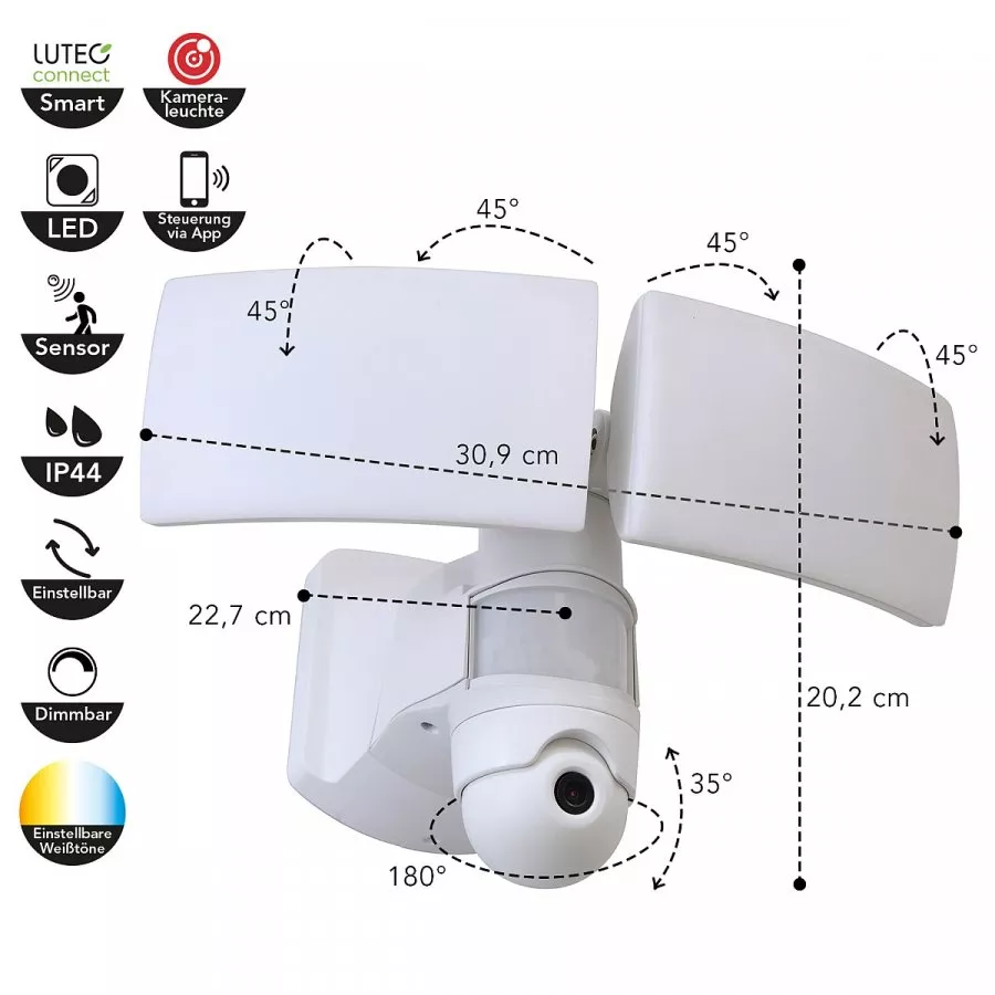 LUTEC LED Kameraleuchte Libra mit Bewegungsmelder 36W 3400lm 2700K - 6500K IP44 Weiß