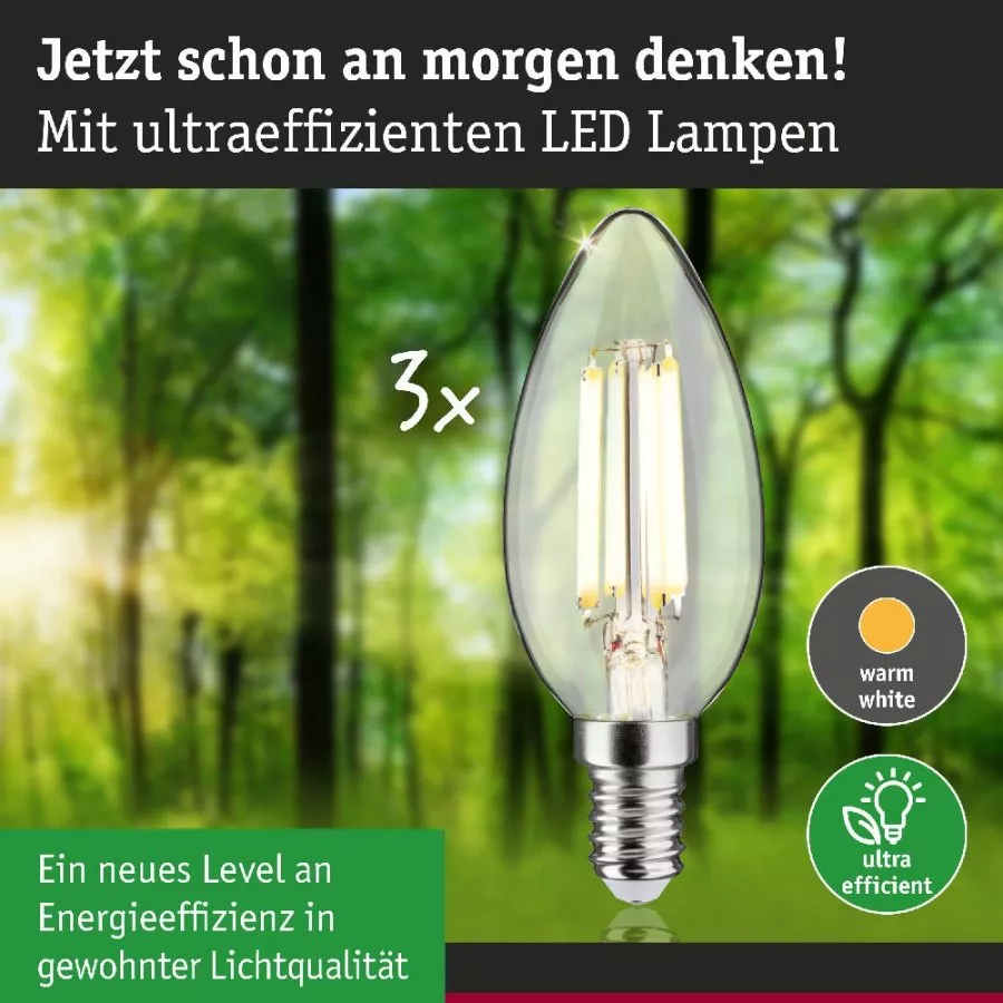 Paulmann 29199 Eco-Line Filament 230V LED Kerze E14 3er-Pack 98mm 525lm 2,5W 3000K Klar