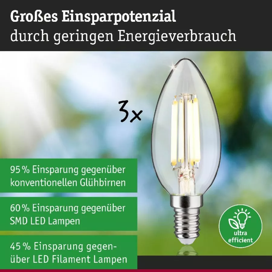 Paulmann 29199 Eco-Line Filament 230V LED Kerze E14 3er-Pack 98mm 525lm 2,5W 3000K Klar