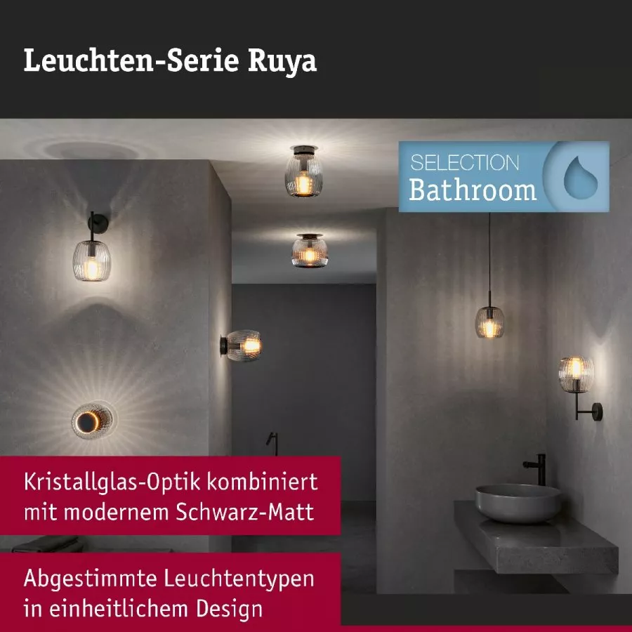 Paulmann 71144 Selection Bathroom Wandleuchte Ruya IP44 E14 230V max. 20W dimmbar Glas/Schwarz matt