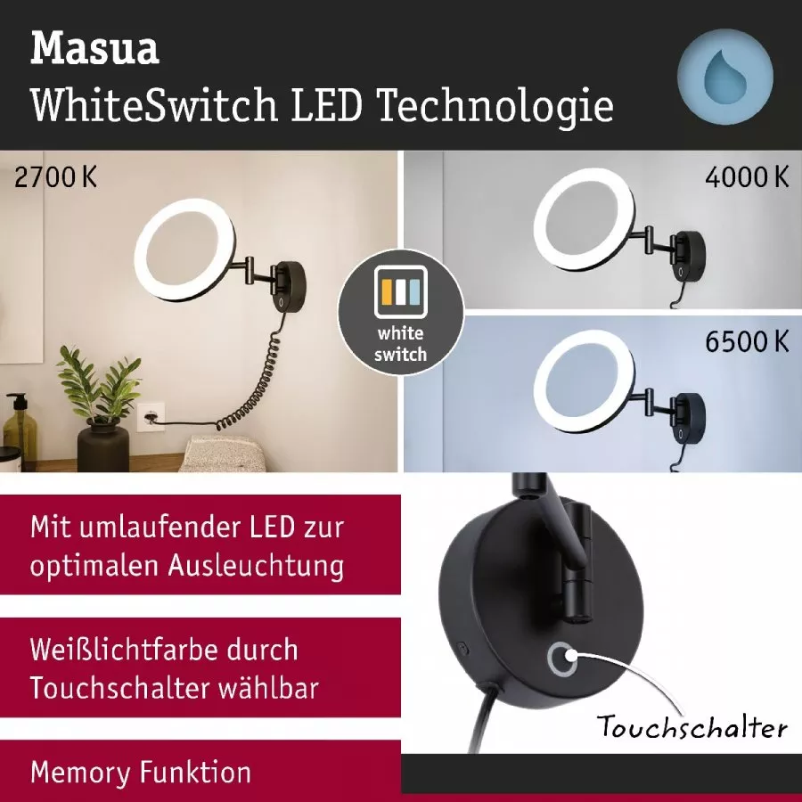 Paulmann 71149 LED Kosmetikspiegel Masua IP44 White Switch 55lm 230V 4W Schwarz matt