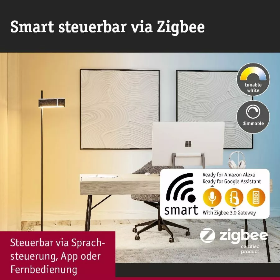 Paulmann 79993 LED Stehleuchte Smart Home Zigbee 3.0 Jagun Tunable White 1250lm 19,5W Anthrazit Filz/Kunststoff/Metall