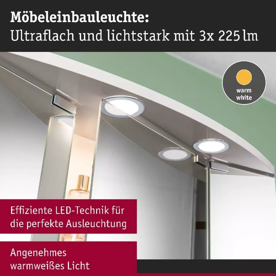 Paulmann 93118 LED Möbeleinbauleuchten 3er-Set rund 65mm 3x2,5W 3x180lm 230/12V 3000K Chrom