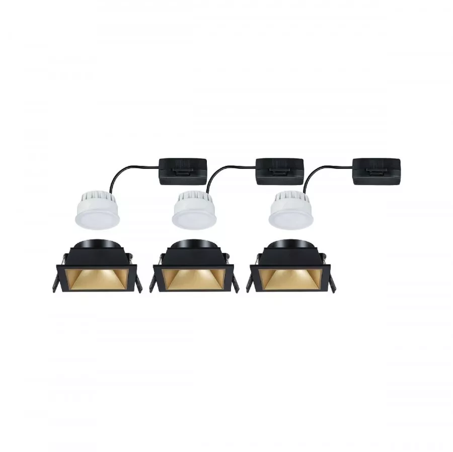 Paulmann 93129 LED Einbauleuchte 3-Step-Dim Cole Coin Basisset IP44 eckig 88x88mm 3x6W 3x470lm 230V dimmbar 2700K Schwarz/Gold matt