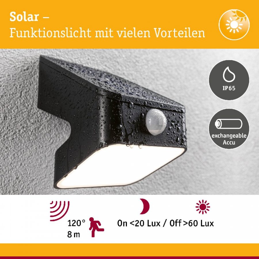 Paulmann 94608 Solar LED Wandfluter Lesly Bewegungsmelder IP65 eckig 113x126mm 3000K 5,5W 400lm Anthrazit