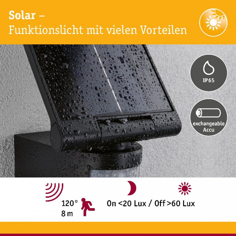 Paulmann 94609 Solar LED Wandfluter Lesly Bewegungsmelder IP65 eckig 150x130mm 3000K 12,5W 1000lm Anthrazit