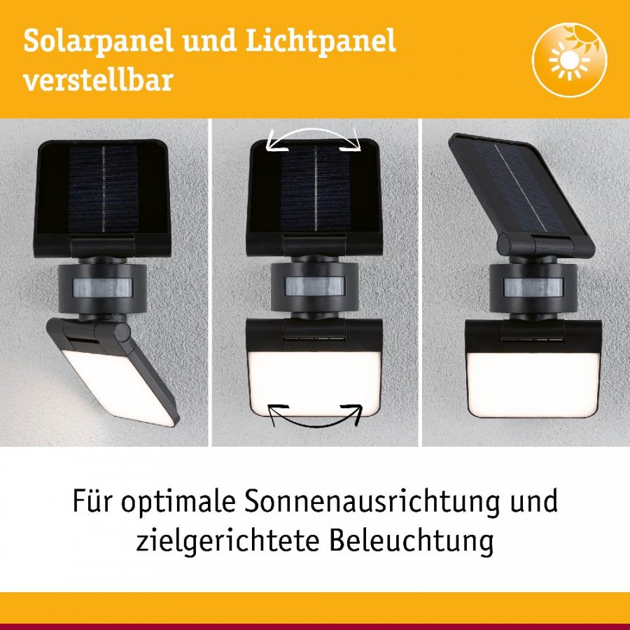 Paulmann 94609 Solar LED Wandfluter Lesly Bewegungsmelder IP65 eckig 150x130mm 3000K 12,5W 1000lm Anthrazit