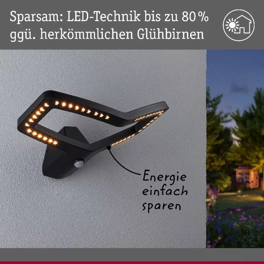 Paulmann 94791 LED Außenwandleuchte Smart Home Zigbee 3.0 Alara Bewegungsmelder IP44 eckig 375x270mm 3000 - 2200K 10W 450lm 230V Anthrazit Metall