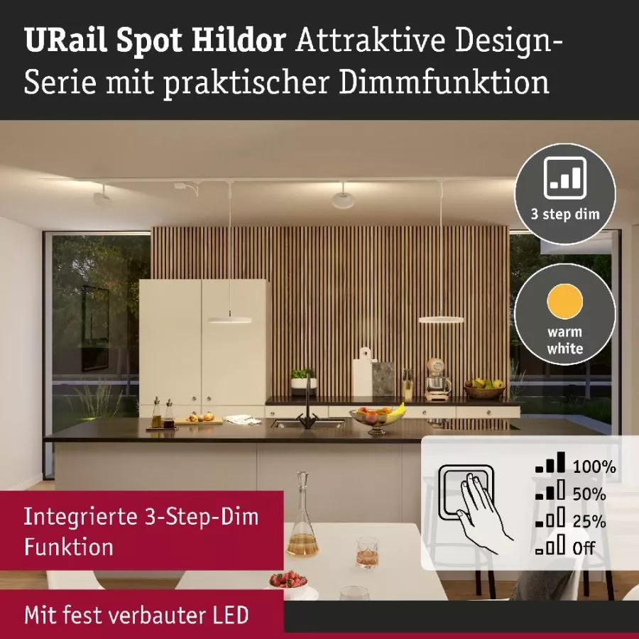 Paulmann 94895 URail LED Schienenspot 3-Step-Dim Hildor 850lm 15W 3000K dimmbar 230V Signalweiß