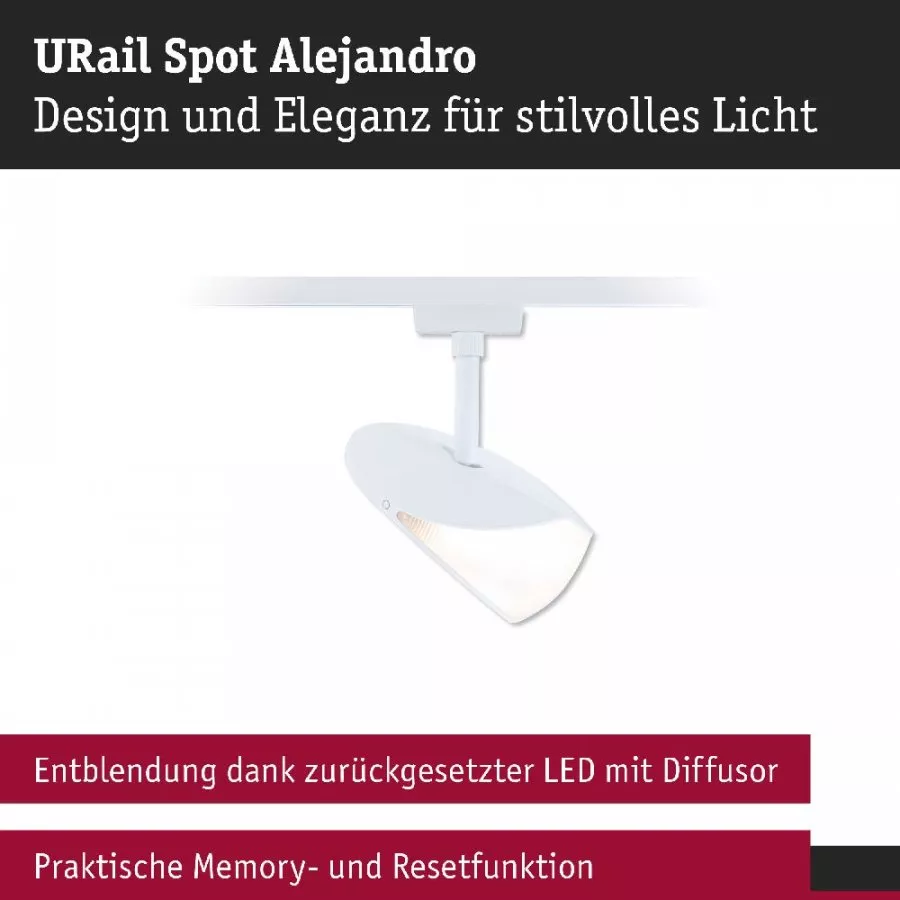 Paulmann 94960 URail LED Schienenspot 3-Step-Dim Alejandro 800lm 10W 3000K dimmbar 230V Signalweiß