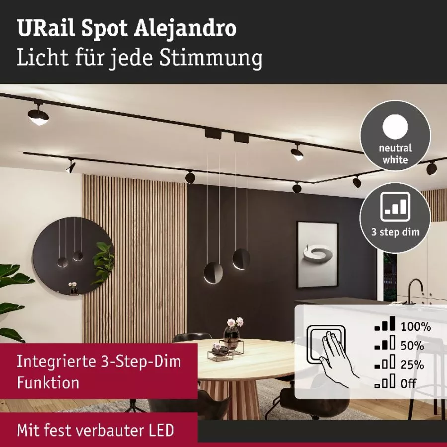 Paulmann 94967 URail LED Schienenspot 3-Step-Dim Alejandro 800lm 10W 4000K dimmbar 230V Schwarz matt